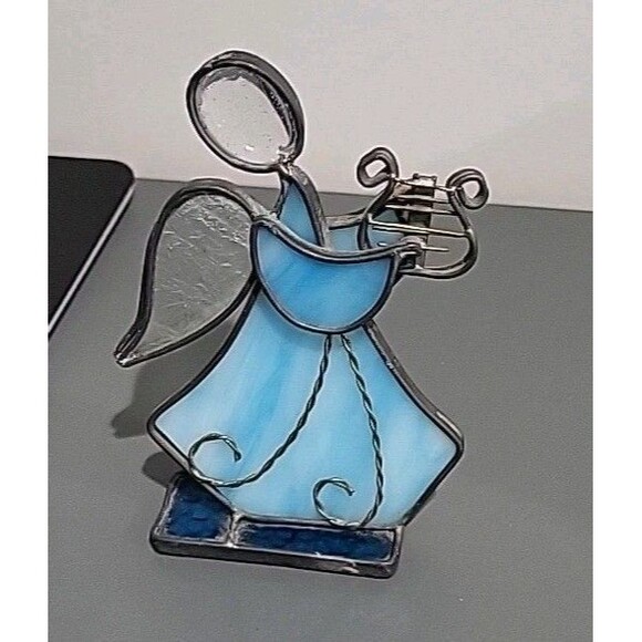 VINTAGE Handmade STAINED GLASS ANGEL PLAYING HARP Blue Leaded Glass Christmas - Picture 6 of 8